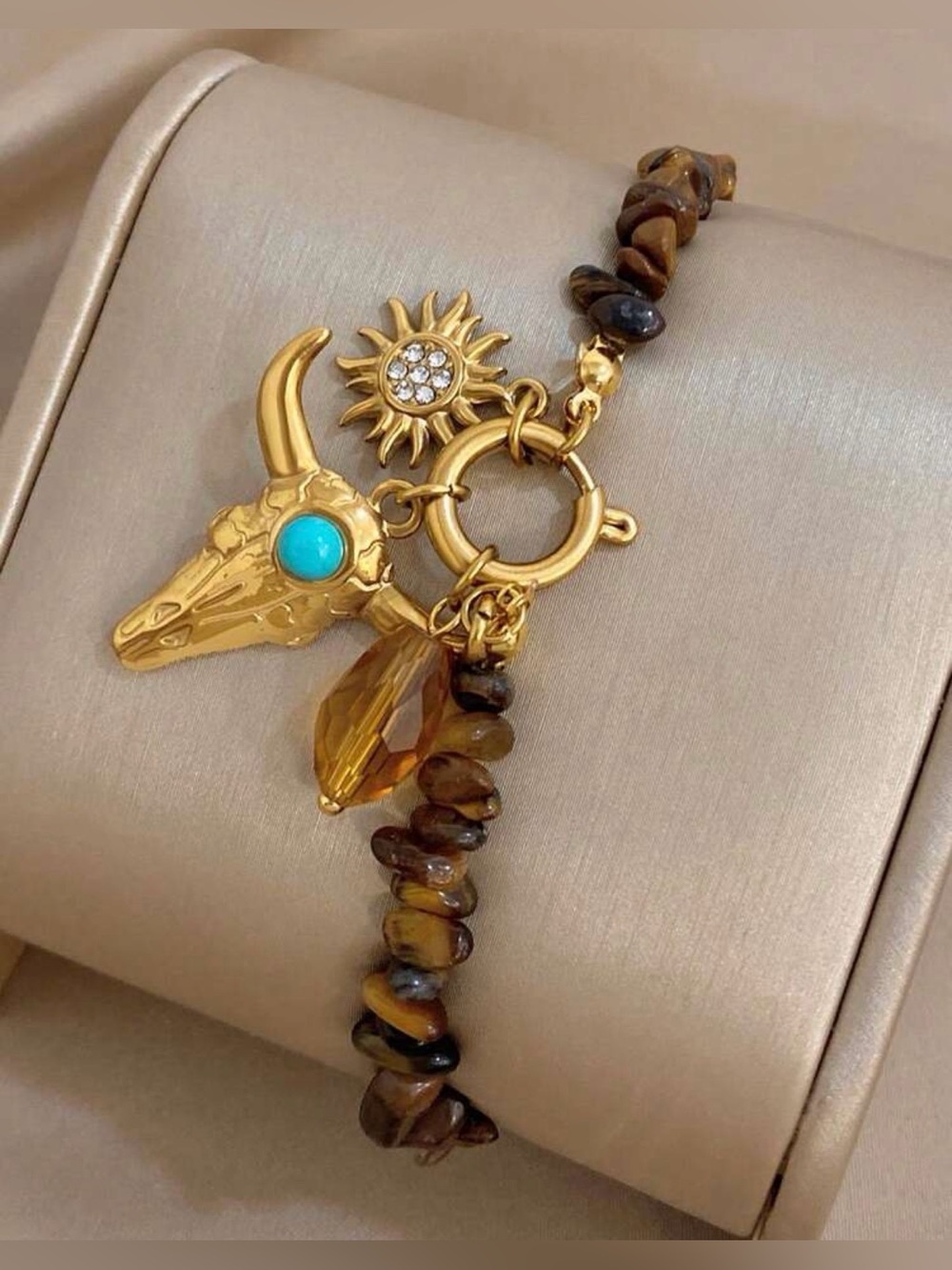 Gold-Tone Bull Skull Charm Bracelet with Natural Tiger Eye Turquoise Accent